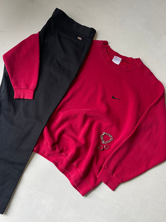 NIKE 90s BURGUNDY RED MINI SWOOSH CREWNECK SWEATSHIRT
